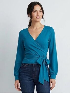 Halogen Teal Long Sleeve Tie Waist Wrap Top S